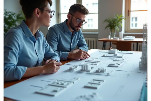 Építészmérnökök tanácskoznak épületmodellek előtt