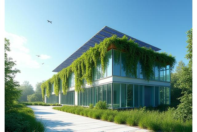 Napelemekkel felszerelt zöld épület