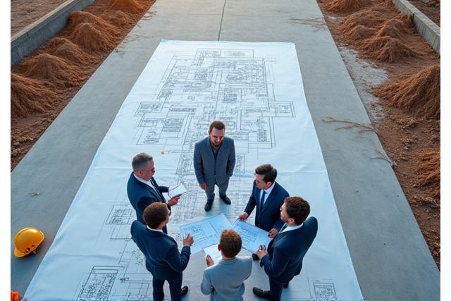 Építkezési telek felülnézetből, tervrajzokkal és mérnökökkel