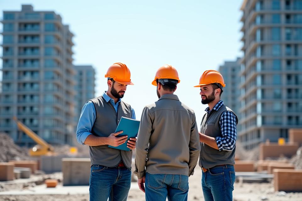 Professzionális munkatársak egy építkezési helyszínen, háttérben modern épületekkel, ami megbízhatóságot és integritást sugároz.